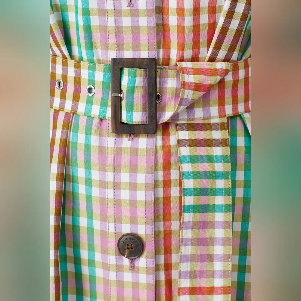 NWT Kate Spade New York Rainbow Plaid Cotton Belted Button Front Shirt Dress XXS